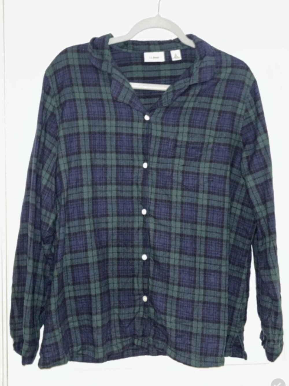 LL Bean Mens Flannel Pajama Top XL Blue Green Black Watch Plaid Sleep Shirt